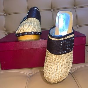 Vintage Dolce & Gabbana, Rafia w/ Leather Logo & Wood Platform Clogs, Sz 40, EUC
